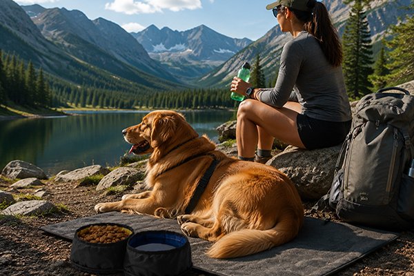 Dog hiking with owner on a mountain trail during an outdoor adventure