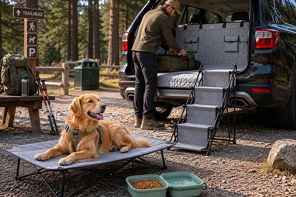 Dog and owner enjoying an outdoor adventure setup with travel gear for hiking and camping trips