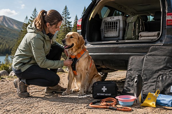 Dog and owner preparing for a weekend outdoor adventure with dog travel gear
