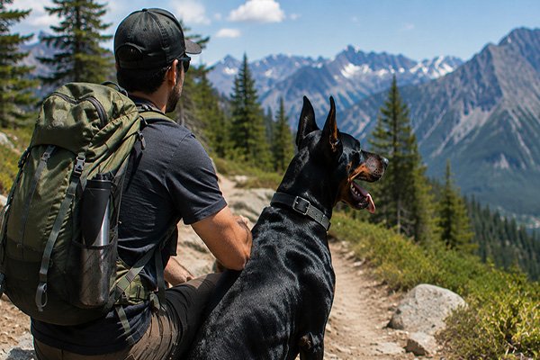 Doberman dog hiking outdoors with an owner on a mountain trail