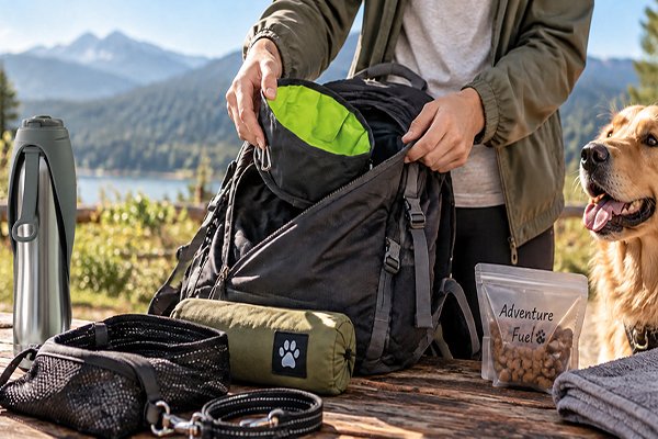 Dog owner packing a travel bowl with outdoor gear